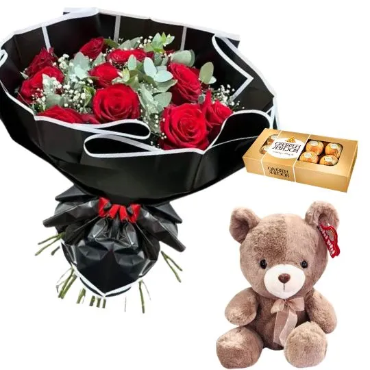 Ramo de 12 rosas rojas importadas rocher x8 y peluche